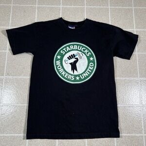 Union Made Starbucks Workers United Logo Graphic Print Black T-Shirt Medium USA